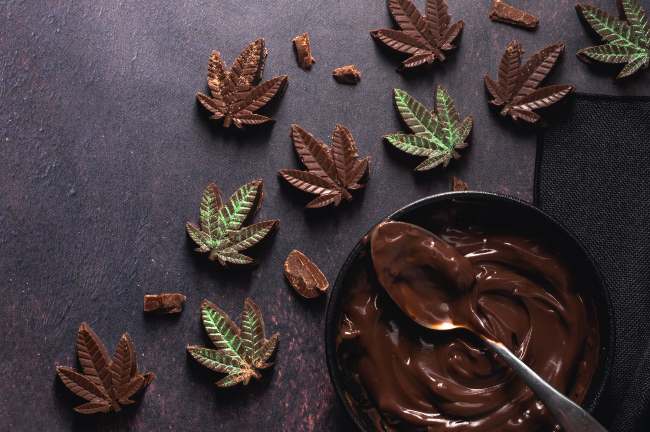dark brown chocolate weed leaves next to a bowl of chocolate with a spoon in it, all on top of a slate colored background