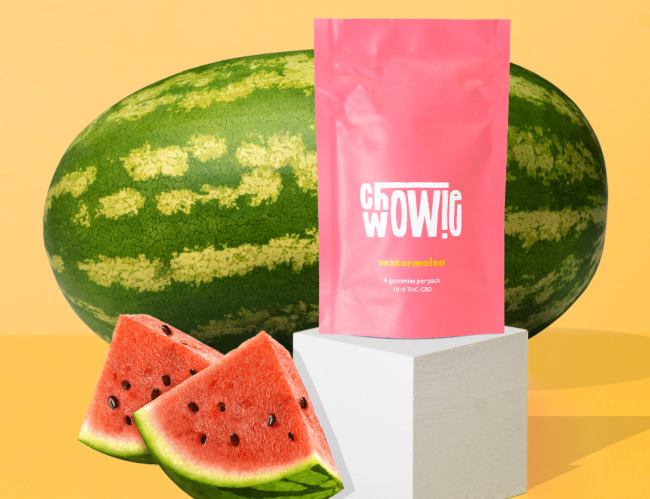 A pink mylar bag with the logo 