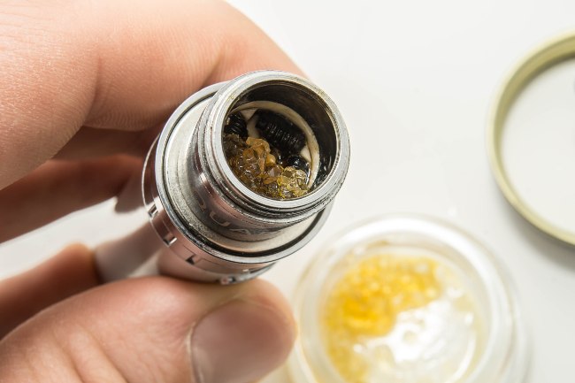 Inside a silver metal dab pen filled with yellow live resin with its clear container sitting next to it.