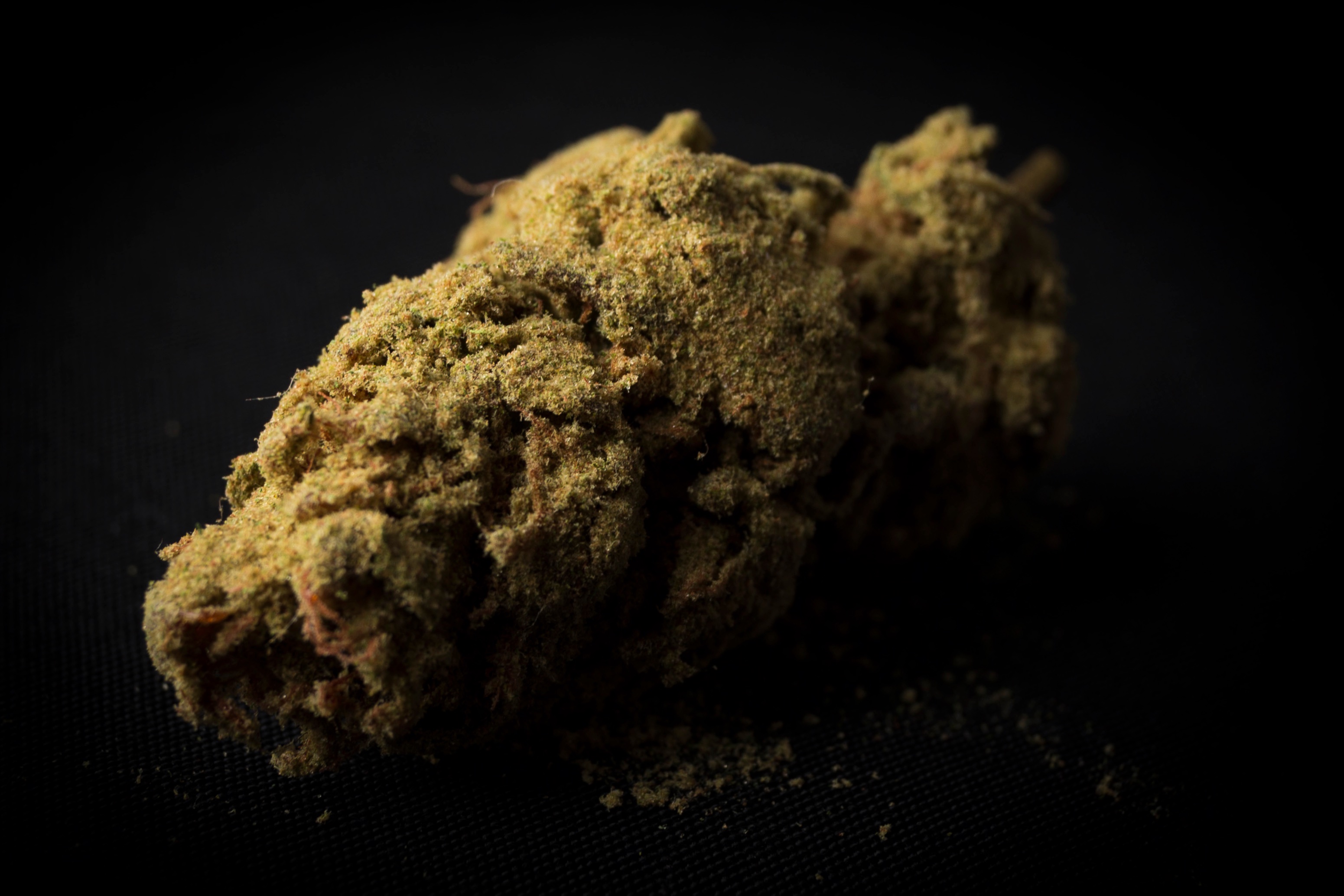 Cannabis nugget covered in a tan colored dust in front of black background