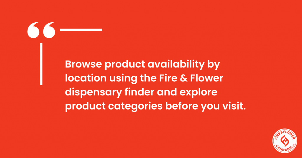 Browsing cannabis product availability by location and categories using Fire & Flower menu filters.