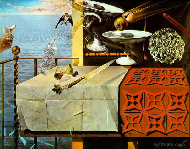 A Salvador DalĂ surrealist painting featuring a floating knife, apple, pear, water and other objects hover over a table covered in white paper and a red, printed tablecloth.